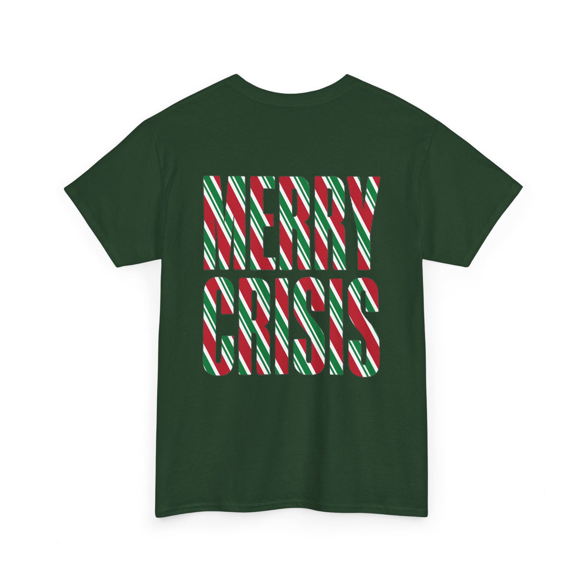 No ShopCo Merry Crisis Christmas T-shirt with red, green and white candy cane graphic and green logo