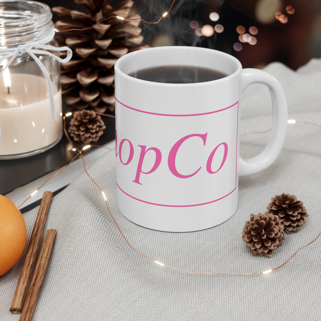 No ShopCo Logo 11oz white ceramic coffee mug with pink framed logo – view 4