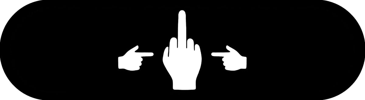 No ShopCo Pointer Finger skateboard deck: two white pointing hands aimed at a raised middle finger on black, horizontal layout