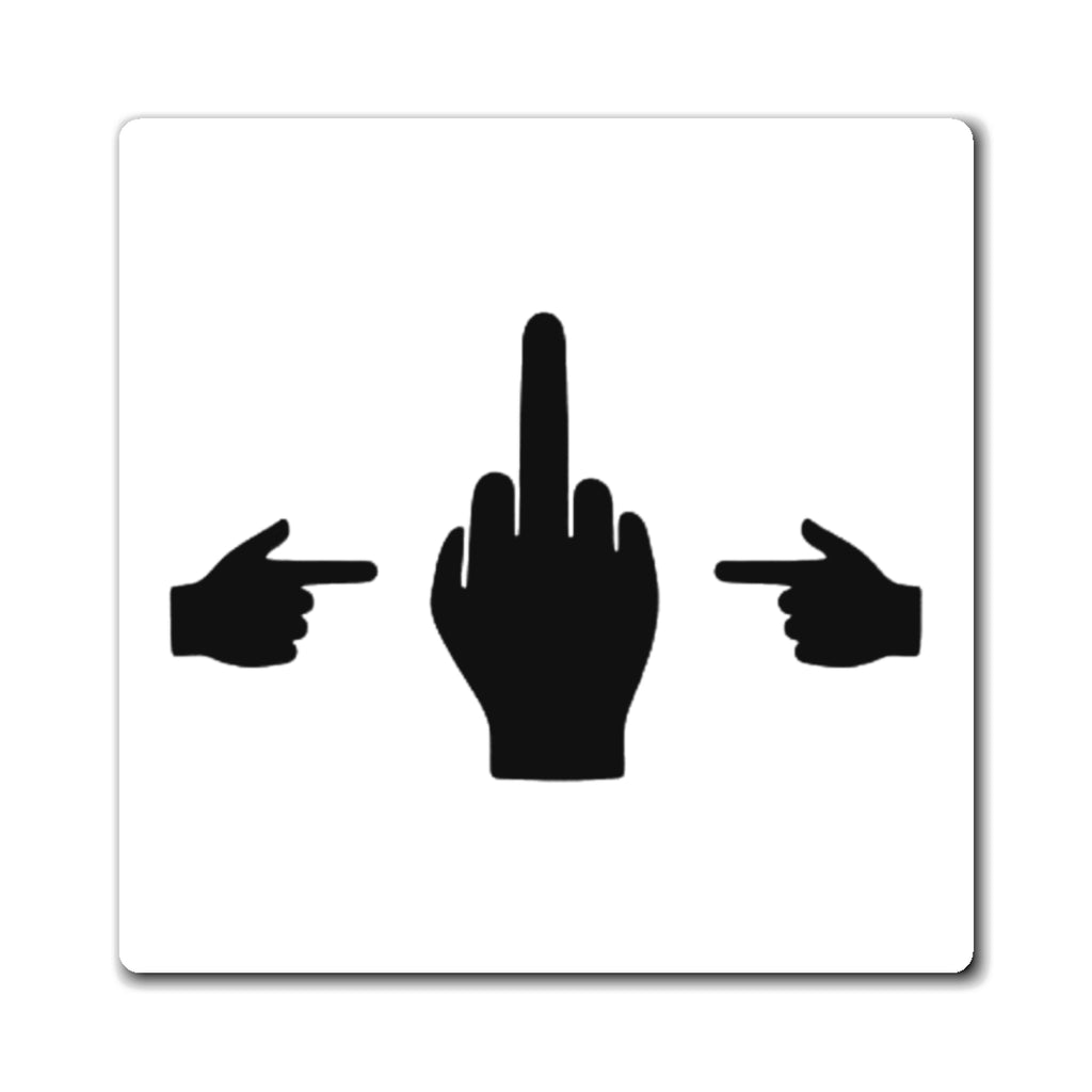 No ShopCo Pointer Finger square fridge magnet, black three-hand graphic on white