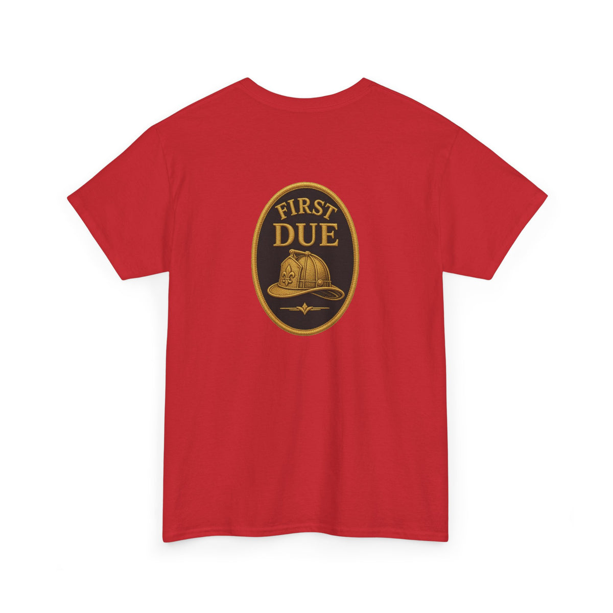 No ShopCo FIRST DUE firefighter T-shirt with gold helmet back graphic and white chest logo