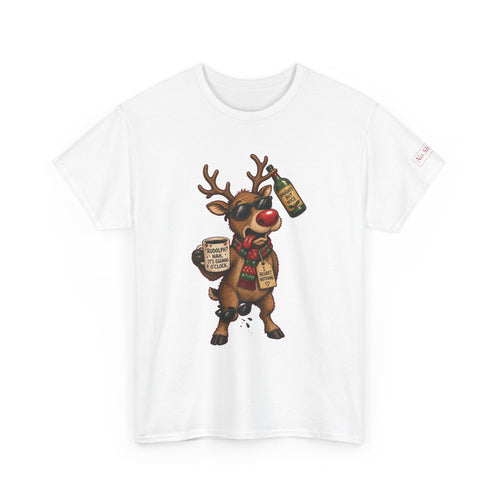 No ShopCo Rumdolph Christmas T-shirt with reindeer graphic and red sleeve logo