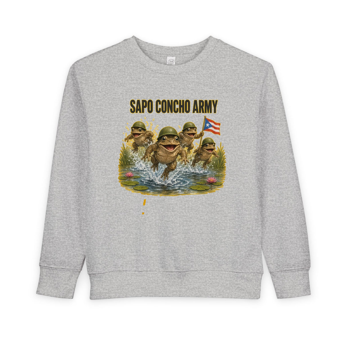No ShopCo Sapo Concho Army toddler sweatshirt with Puerto Rican toads and flag graphic