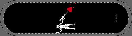 No ShopCo NFA Pirate skateboard deck, Bird Edition: white skeleton raising its middle finger with an AR-15 SBR aimed at a red heart on black, vertical layout