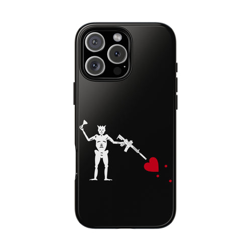 No ShopCo NFA Pirate Hourglass Edition tough phone case for iPhone 16 Pro Max: glossy black case with a white skeleton raising an hourglass and holding an AR-15 SBR aimed at a red heart, back view
