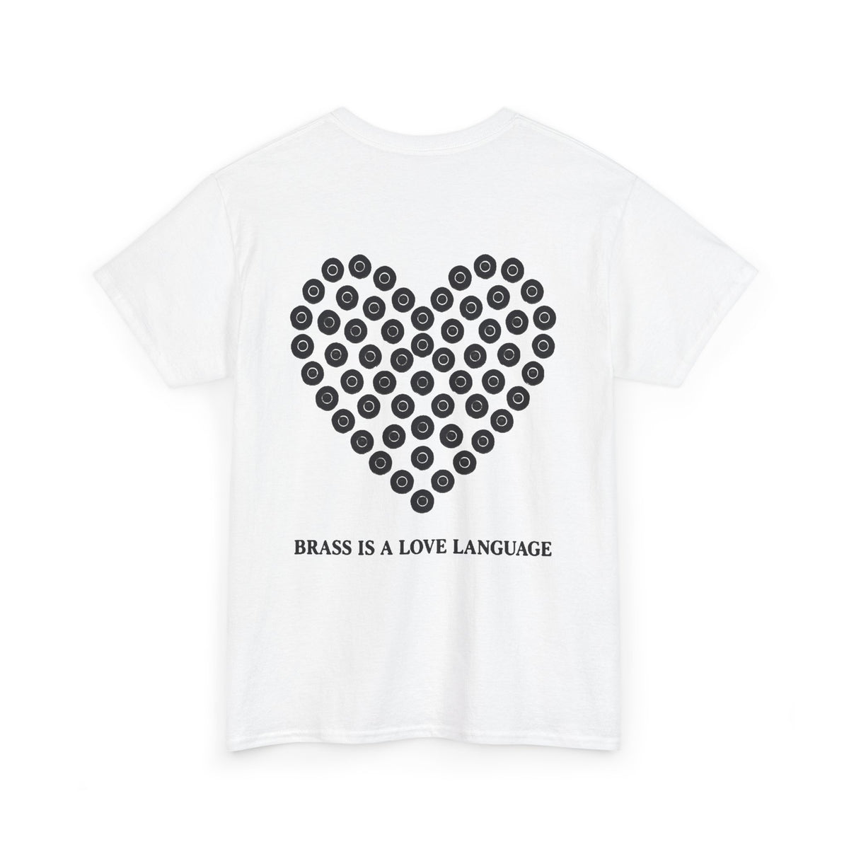 No ShopCo Brass Is A Love Language T-shirt with black cartridge-heart back graphic