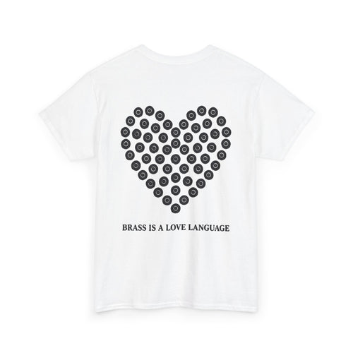 No ShopCo Brass Is A Love Language T-shirt with black cartridge-heart back graphic