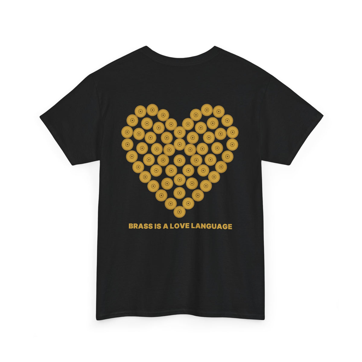 No ShopCo Brass Is A Love Language T-shirt with gold cartridge-heart back graphic