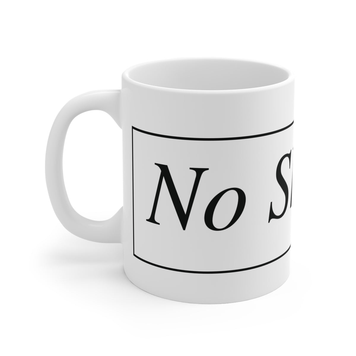 No ShopCo Logo 11oz white ceramic coffee mug with black framed logo – view 2