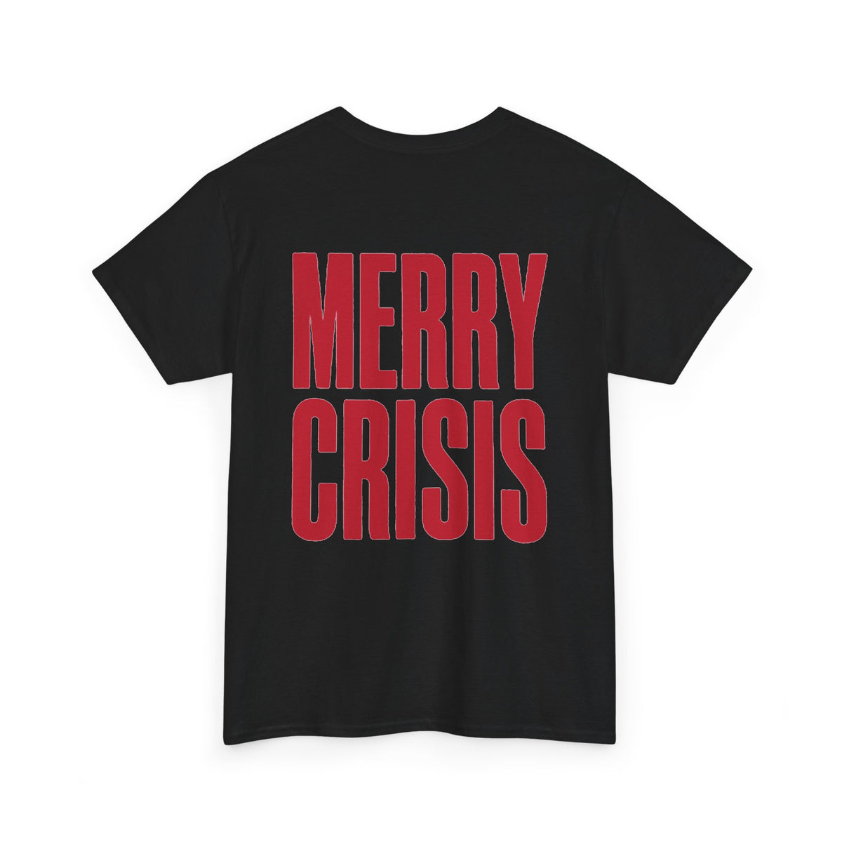 No ShopCo Merry Crisis Christmas T-shirt with red graphic and red logo
