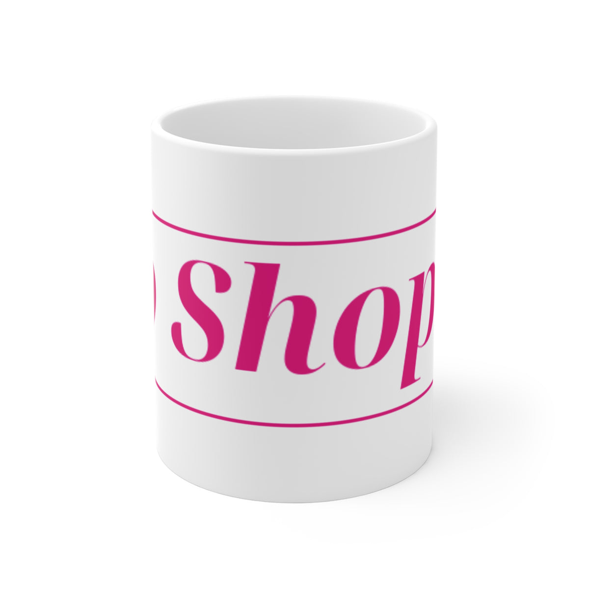 No ShopCo Logo 11oz white ceramic coffee mug with fuchsia framed logo
