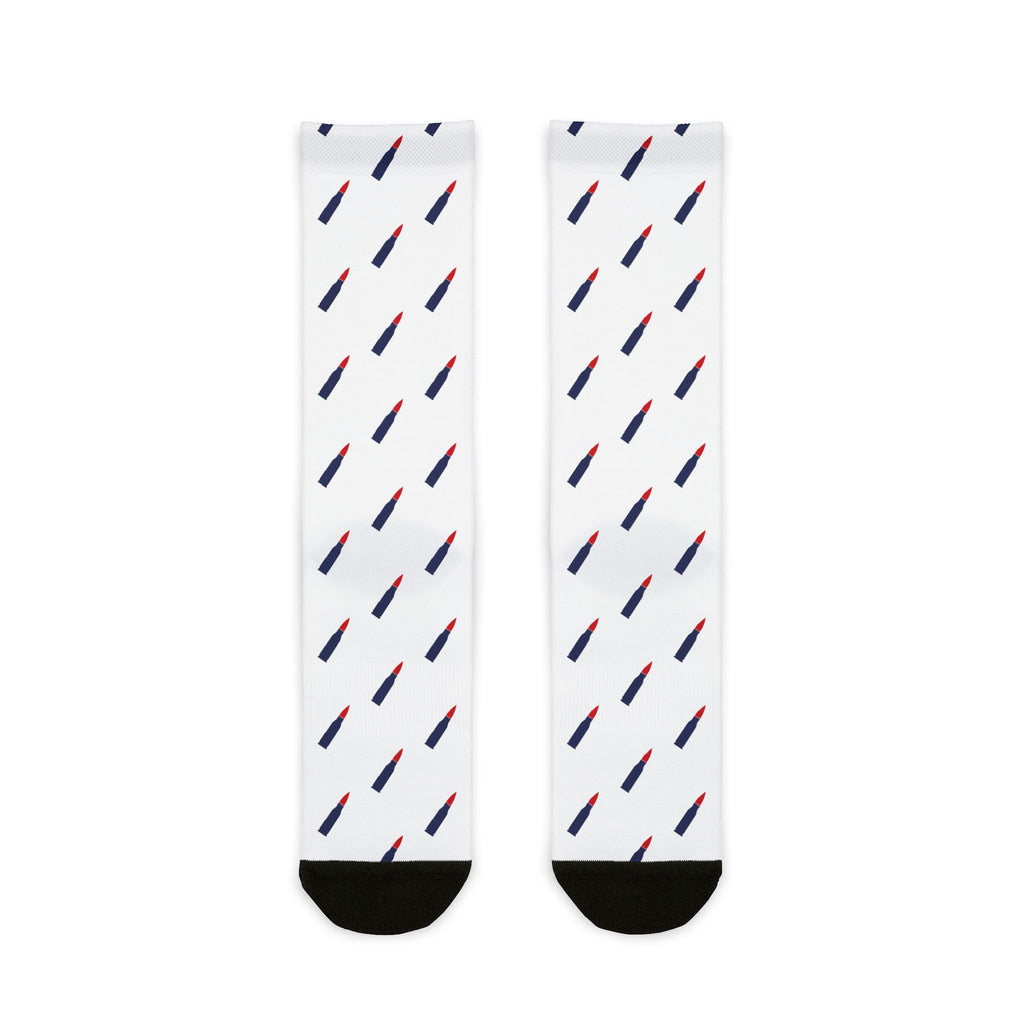 No ShopCo 5.56 ammo crew socks, red, white and blue pattern