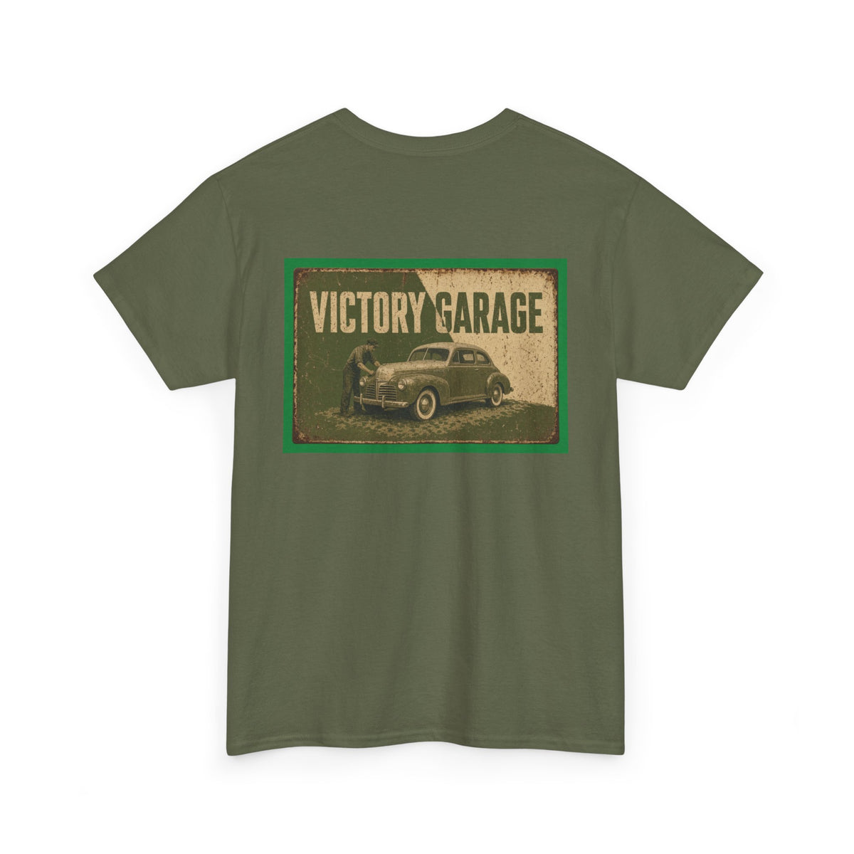 No ShopCo Victory Garage retro classic car T-shirt with black chest logo