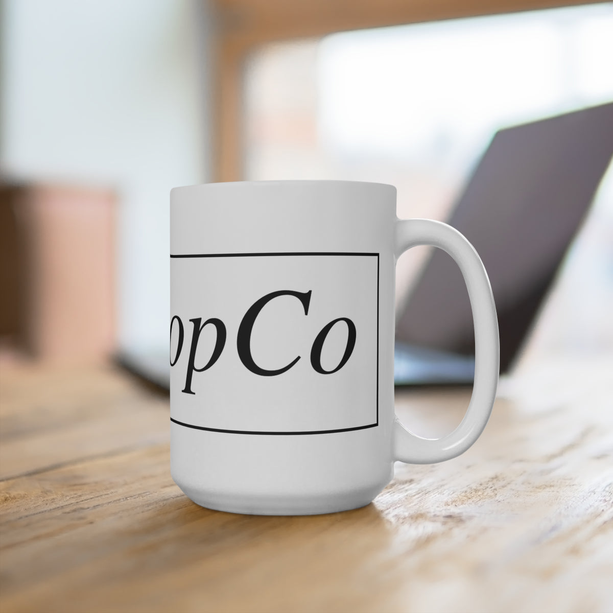 No ShopCo Logo 15oz white ceramic coffee mug with black framed logo – view 4