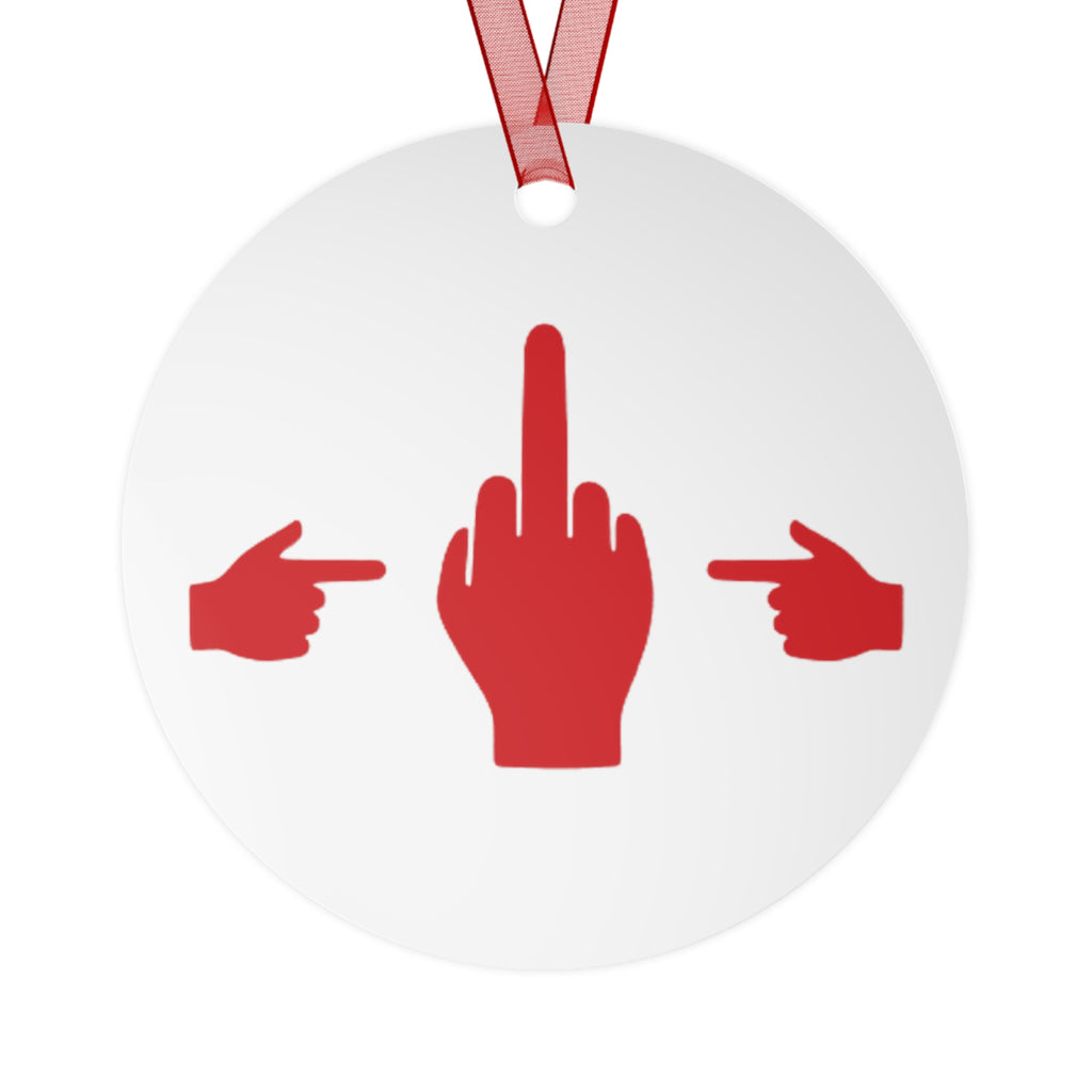 No ShopCo Pointer Finger metal Christmas ornament, red and green graphic on white