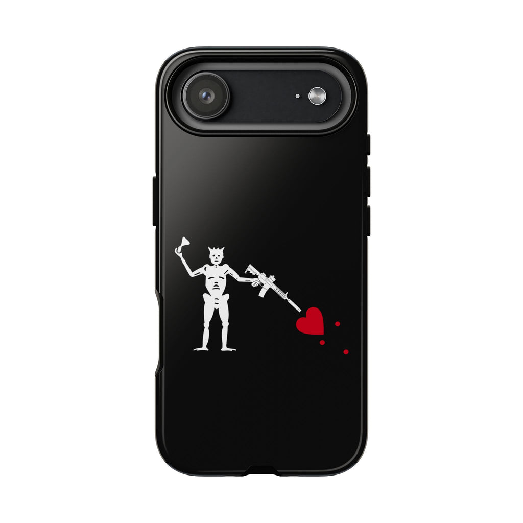 No ShopCo NFA Pirate Hourglass Edition tough phone case for iPhone 17 Air: glossy black case with a white skeleton raising an hourglass and holding an AR-15 SBR aimed at a red heart, back view