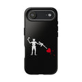 No ShopCo NFA Pirate Hourglass Edition tough phone case for iPhone 17 Air: glossy black case with a white skeleton raising an hourglass and holding an AR-15 SBR aimed at a red heart, back view