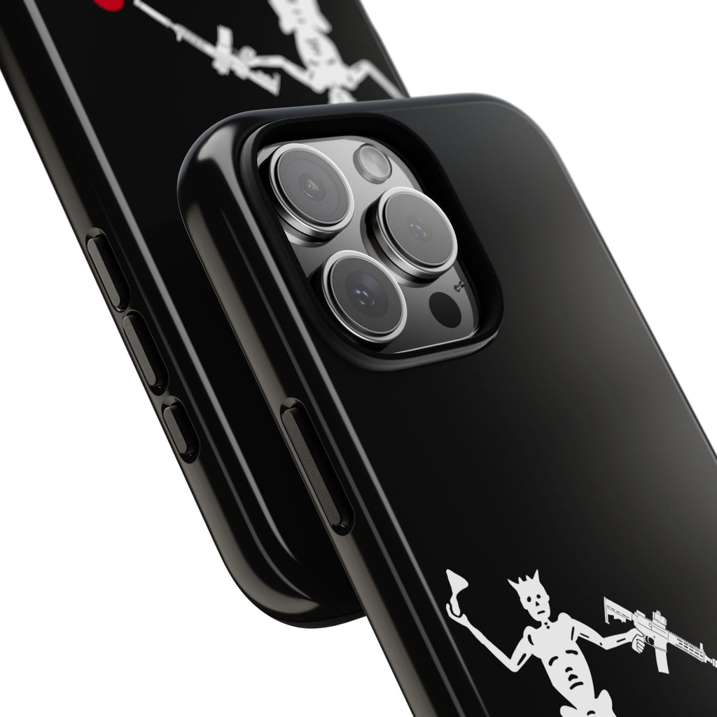 No ShopCo NFA Pirate Hourglass Edition tough phone case: glossy black case with a white skeleton raising an hourglass and holding an AR-15 SBR aimed at a red heart, close-up of the raised camera cutout on a triple-camera iPhone