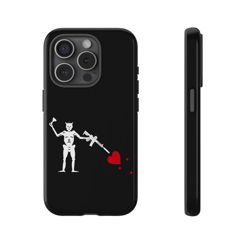 No ShopCo NFA Pirate Hourglass Edition tough phone case for iPhone 15 Pro: glossy black case with a white skeleton raising an hourglass and holding an AR-15 SBR aimed at a red heart, back and side view