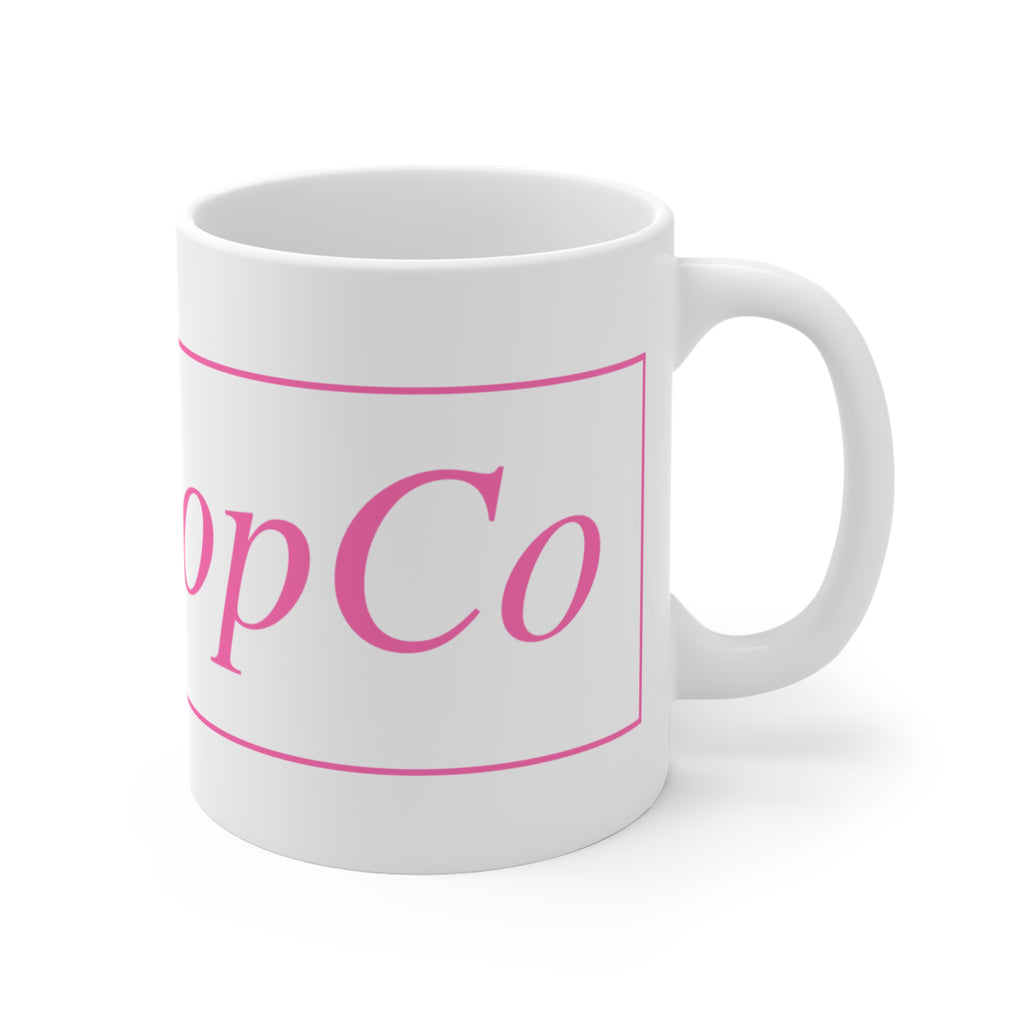 No ShopCo Logo 11oz white ceramic coffee mug with pink framed logo – view 3