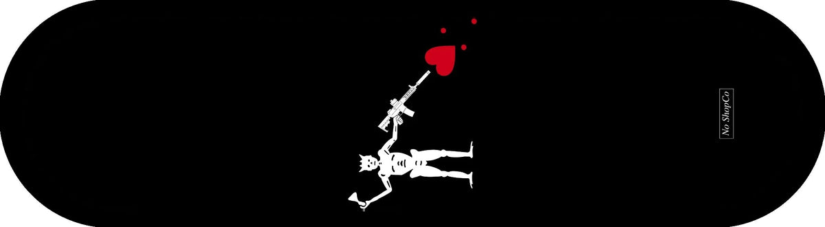 No ShopCo NFA Pirate skateboard deck, Hourglass Edition: white skeleton with an hourglass and an AR-15 SBR aimed at a red heart on black, vertical layout