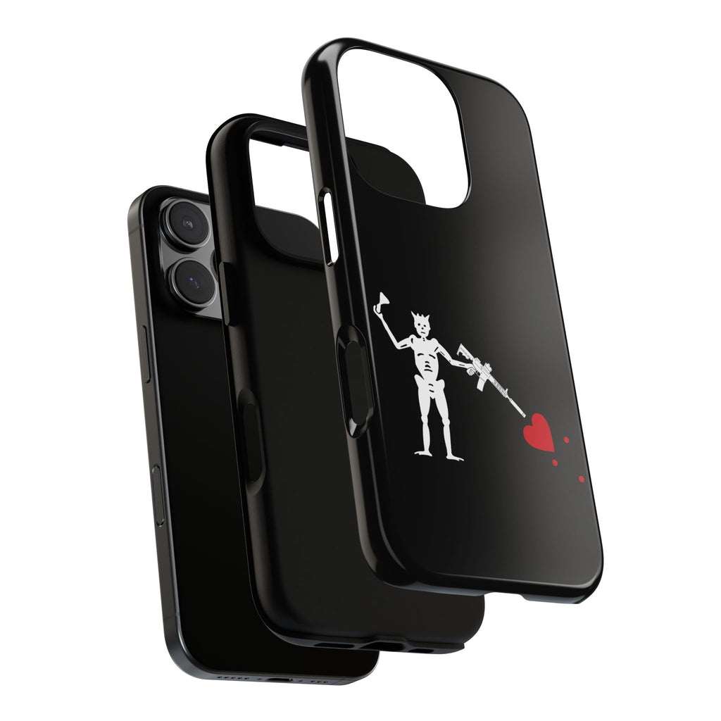 No ShopCo NFA Pirate Hourglass Edition tough phone case: glossy black case with a white skeleton raising an hourglass and holding an AR-15 SBR aimed at a red heart, exploded view showing the inner shell and outer case layers