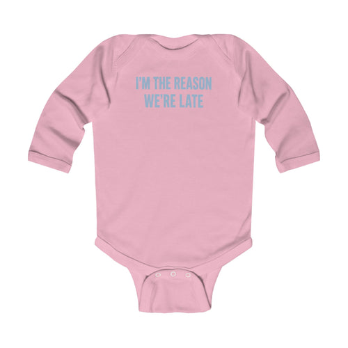 No ShopCo I'm the Reason We're Late Long-Sleeve Infant Bodysuit — Blue Front Graphic