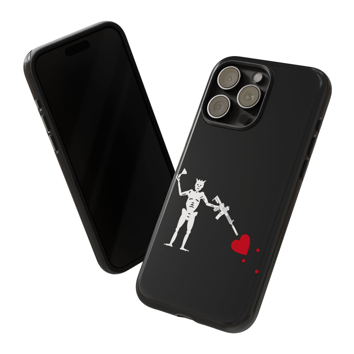 No ShopCo NFA Pirate Hourglass Edition tough phone case: glossy black case with a white skeleton raising an hourglass and holding an AR-15 SBR aimed at a red heart, front and back view of a triple-camera iPhone in the case