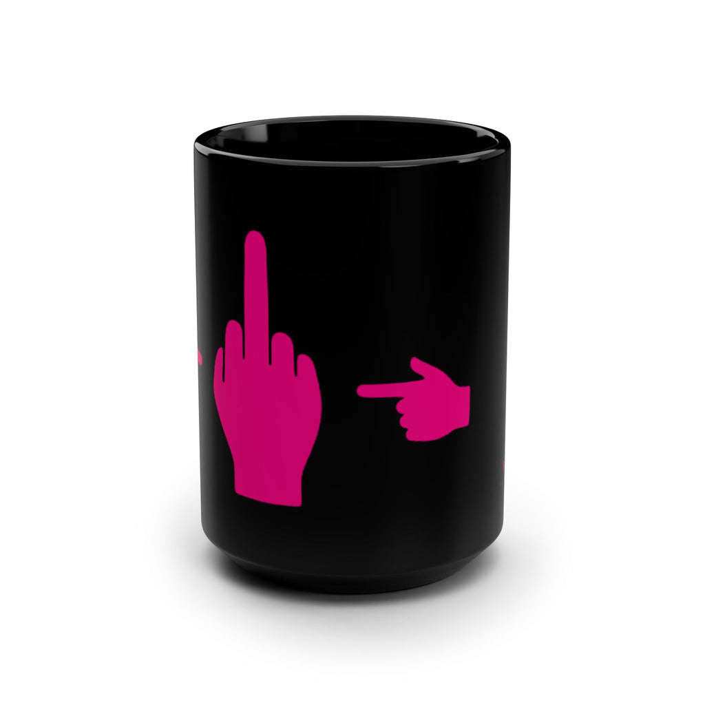 No ShopCo Pointer Finger 15oz black ceramic coffee mug with fuchsia hand graphic