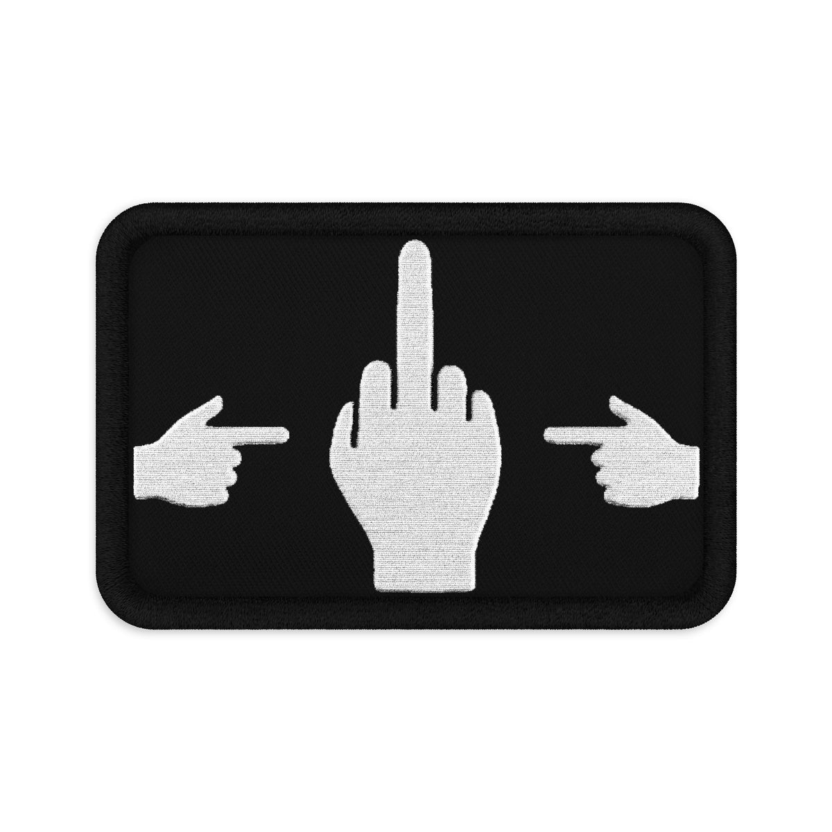 No ShopCo Pointer Finger tactical patch, white three-hand embroidery on black twill