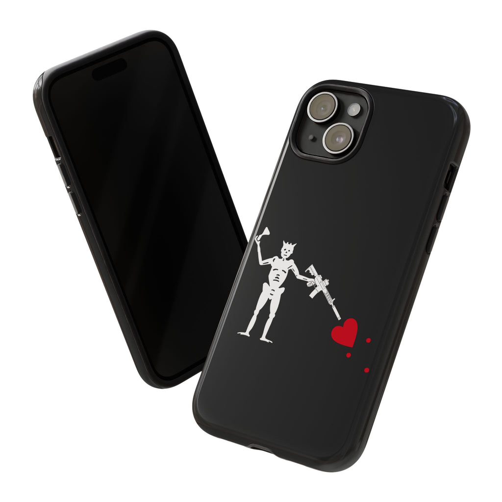 No ShopCo NFA Pirate Hourglass Edition tough phone case: glossy black case with a white skeleton raising an hourglass and holding an AR-15 SBR aimed at a red heart, front and back view of a dual-camera iPhone in the case
