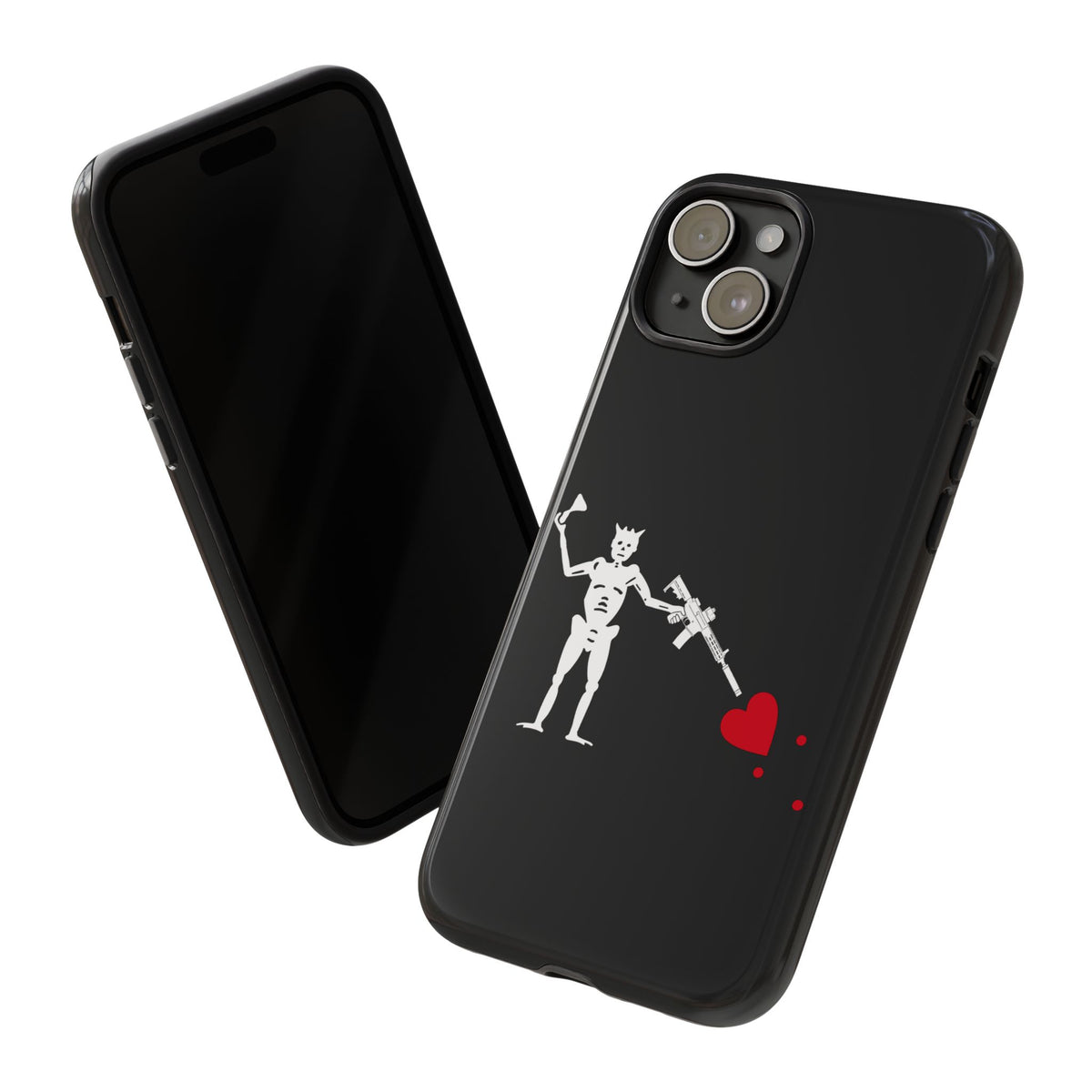 No ShopCo NFA Pirate Hourglass Edition tough phone case: glossy black case with a white skeleton raising an hourglass and holding an AR-15 SBR aimed at a red heart, front and back view of a dual-camera iPhone in the case