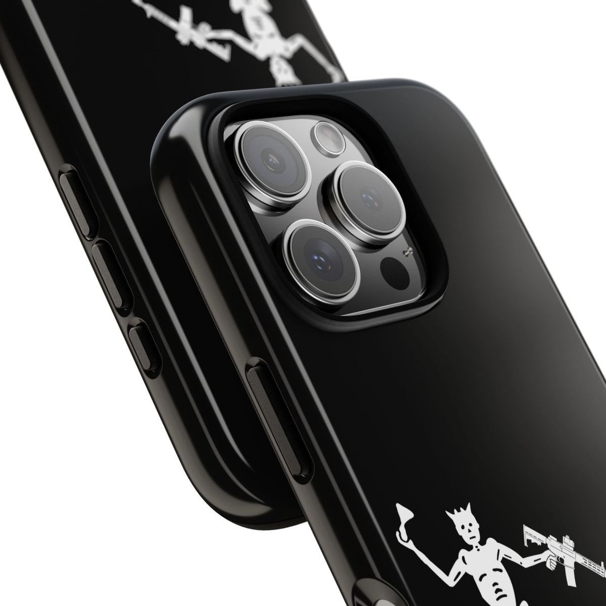 No ShopCo NFA Pirate Hourglass Edition tough phone case: glossy black case with a white skeleton raising an hourglass and holding an AR-15 SBR aimed at a red heart, close-up of the raised camera cutout on a triple-camera iPhone