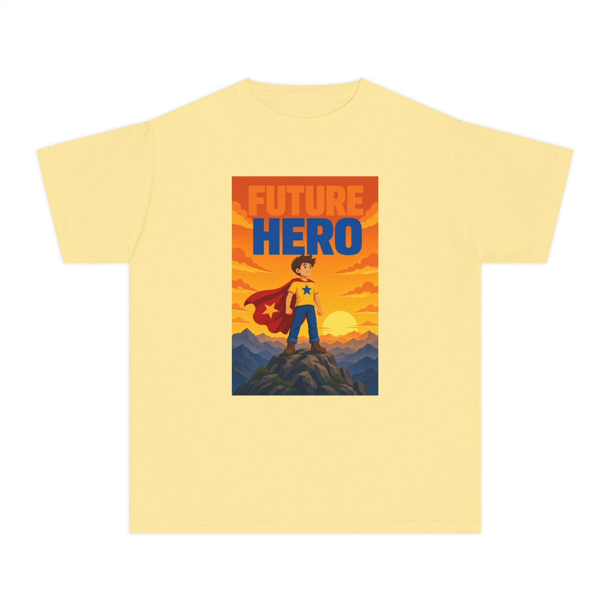 No ShopCo Future Hero youth T-shirt with caped hero and mountain graphic