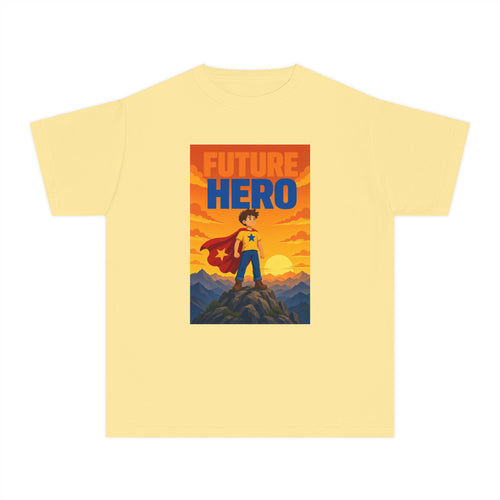 No ShopCo Future Hero youth T-shirt with caped hero and mountain graphic