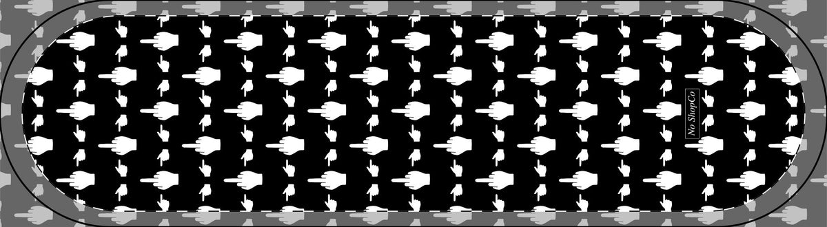 No ShopCo Pointer Finger Pattern skateboard deck: repeating white pointing-hand and middle-finger graphic on black, vertical layout