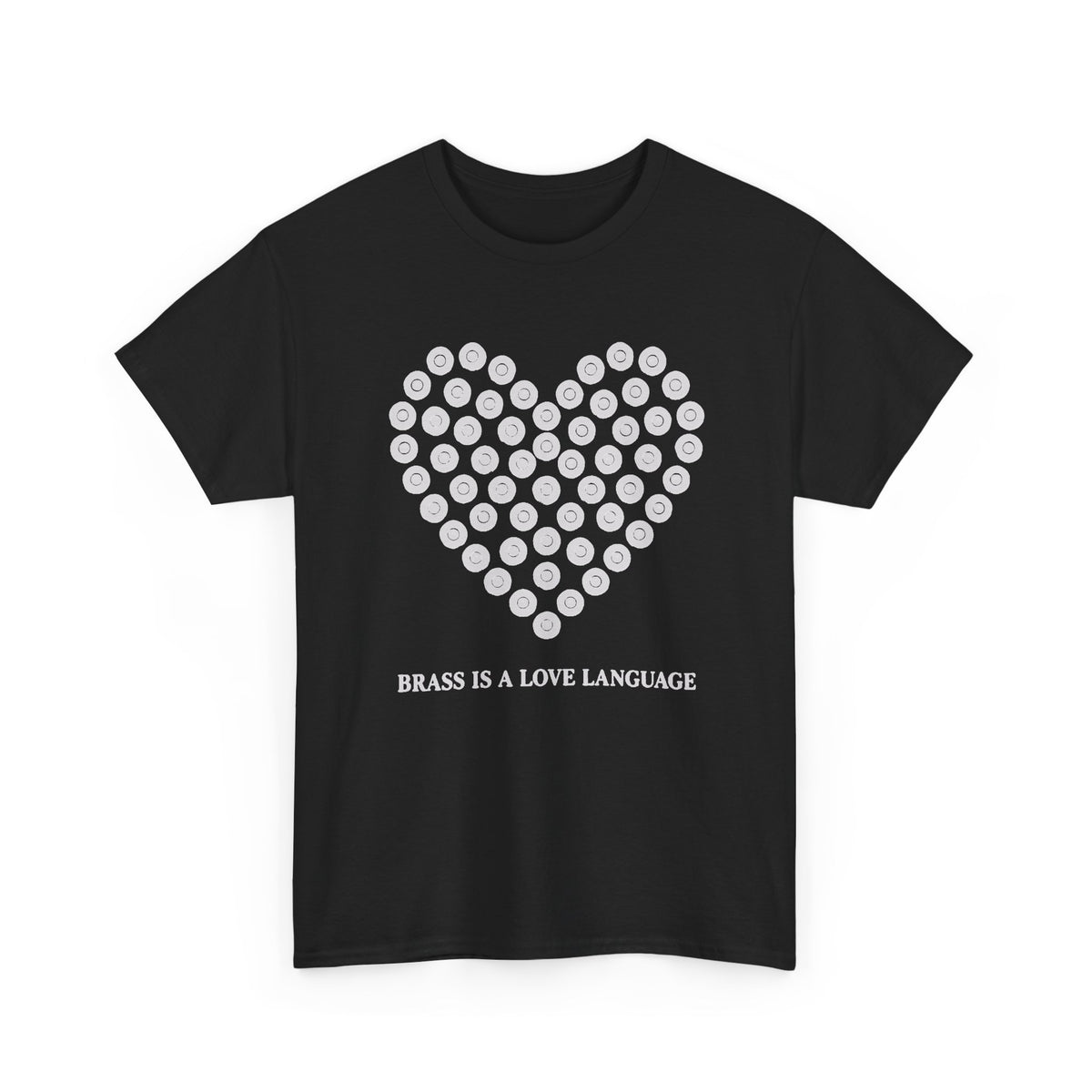 No ShopCo Brass Is A Love Language T-shirt with white cartridge-heart front graphic