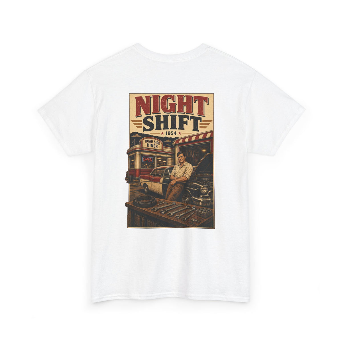 No ShopCo Night Shift retro garage T-shirt with red chest logo