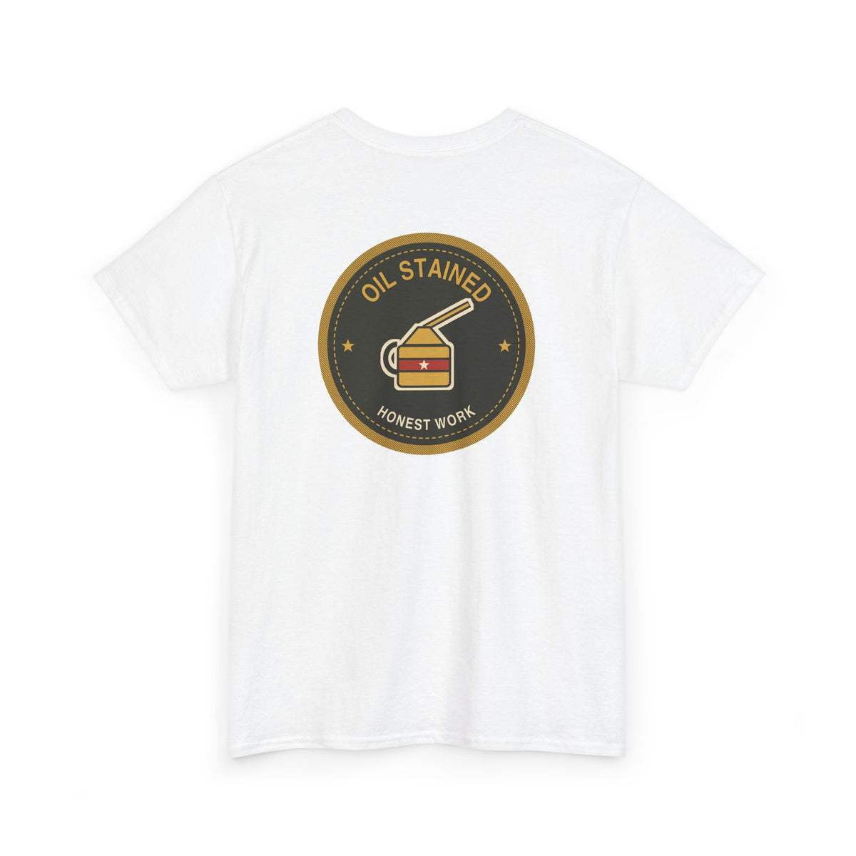 No ShopCo Oil Stained retro oil can T-shirt with black chest logo