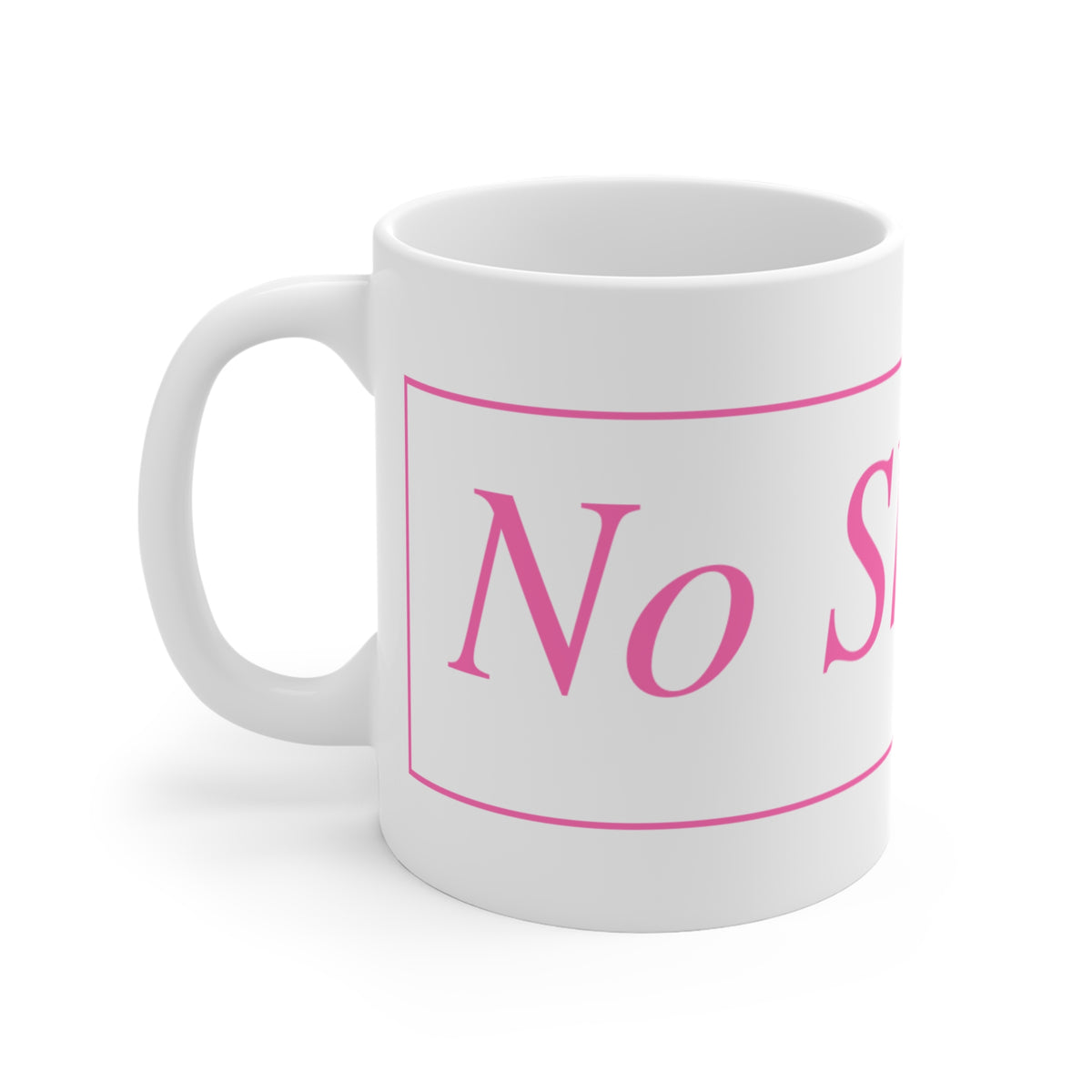 No ShopCo Logo 11oz white ceramic coffee mug with pink framed logo – view 2