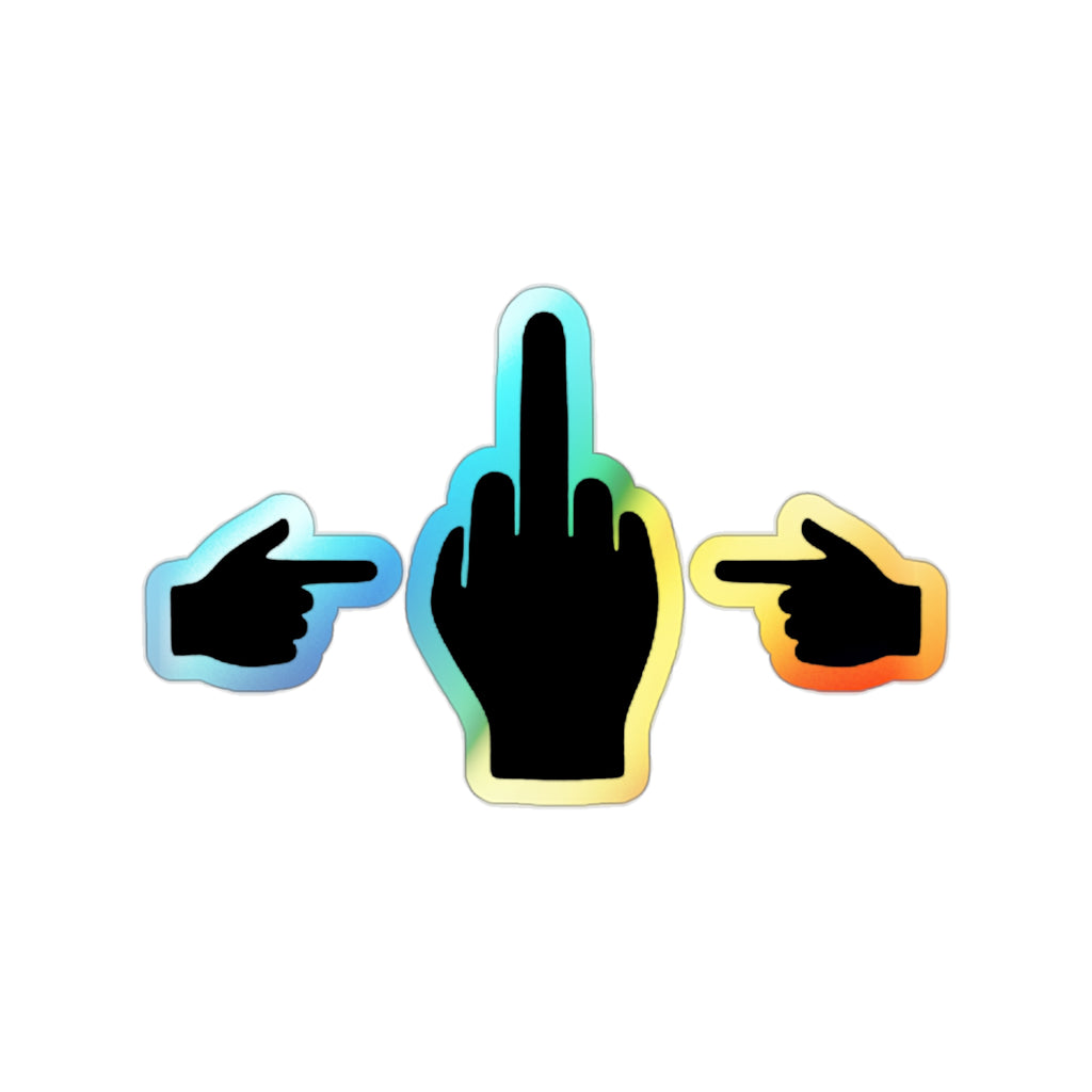 No ShopCo holographic die-cut middle finger sticker with black three-hand graphic