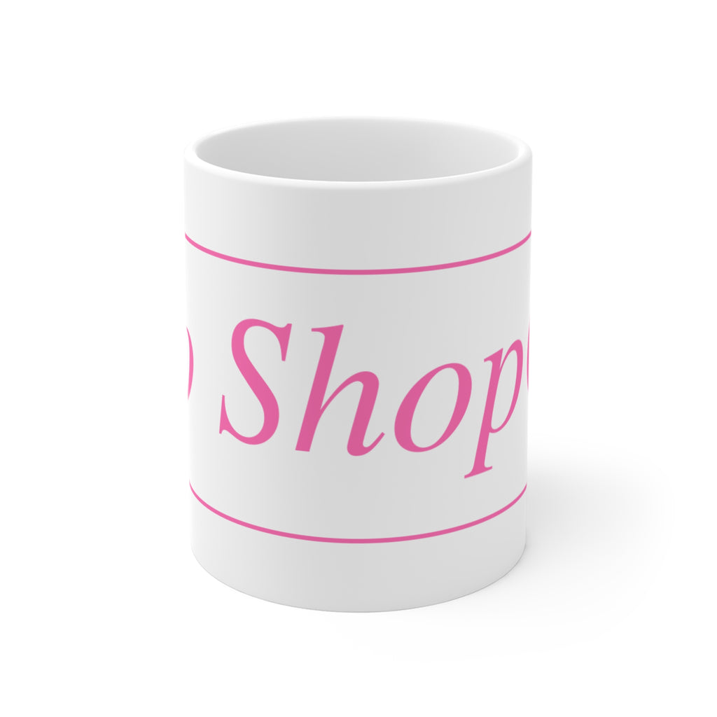 No ShopCo Logo 11oz white ceramic coffee mug with pink framed logo