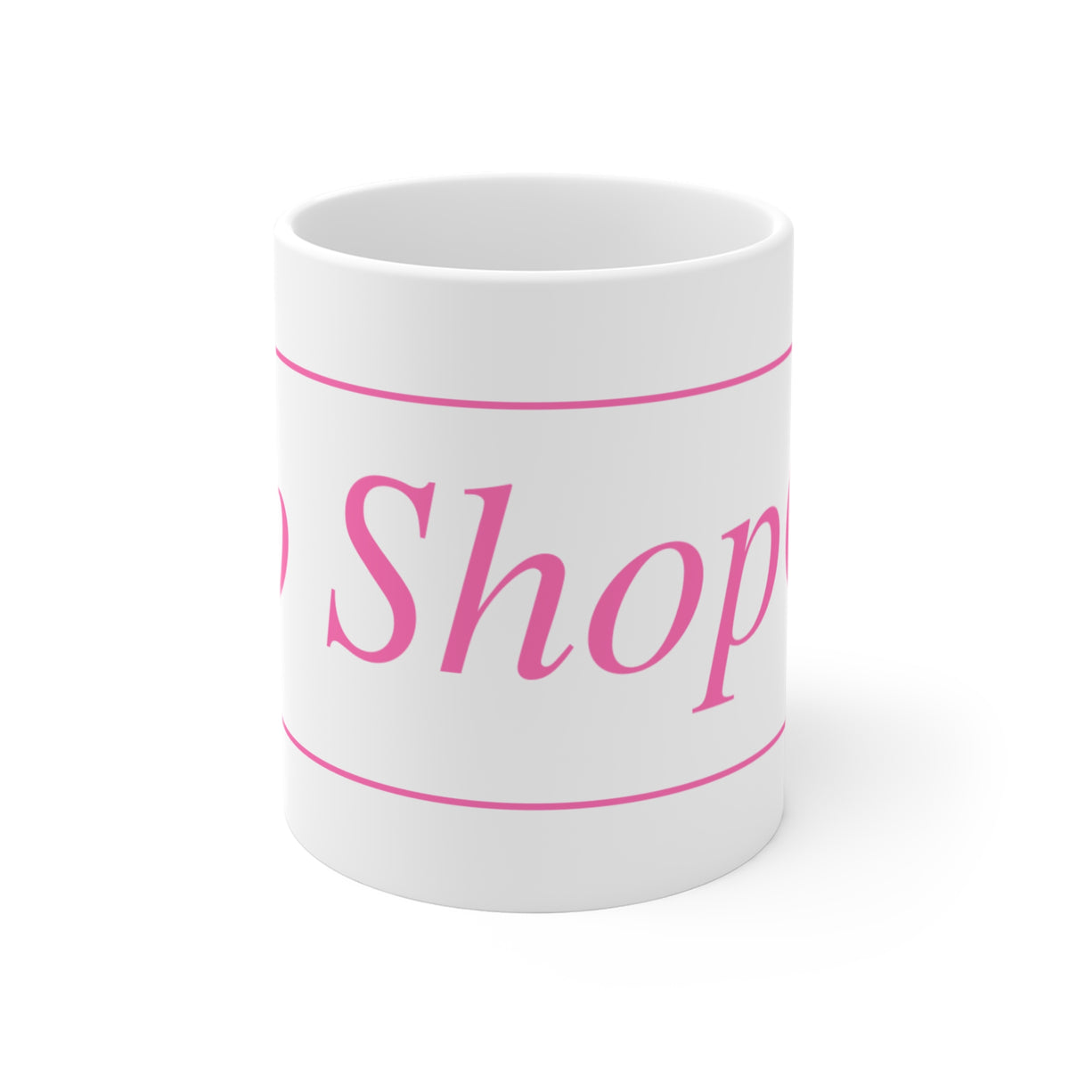 No ShopCo Logo 11oz white ceramic coffee mug with pink framed logo