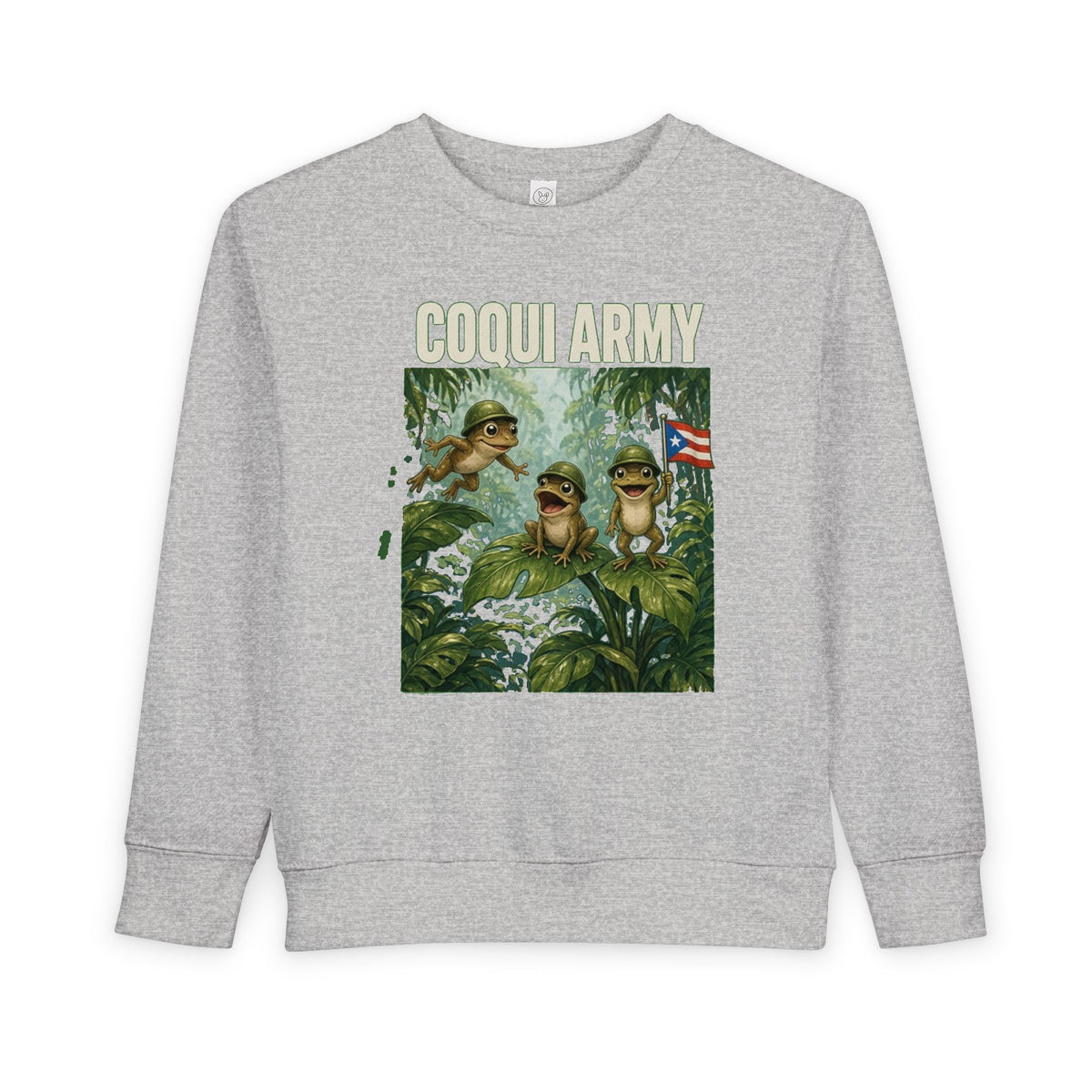 No ShopCo Coquí Army toddler sweatshirt with Puerto Rican tree frogs and flag graphic