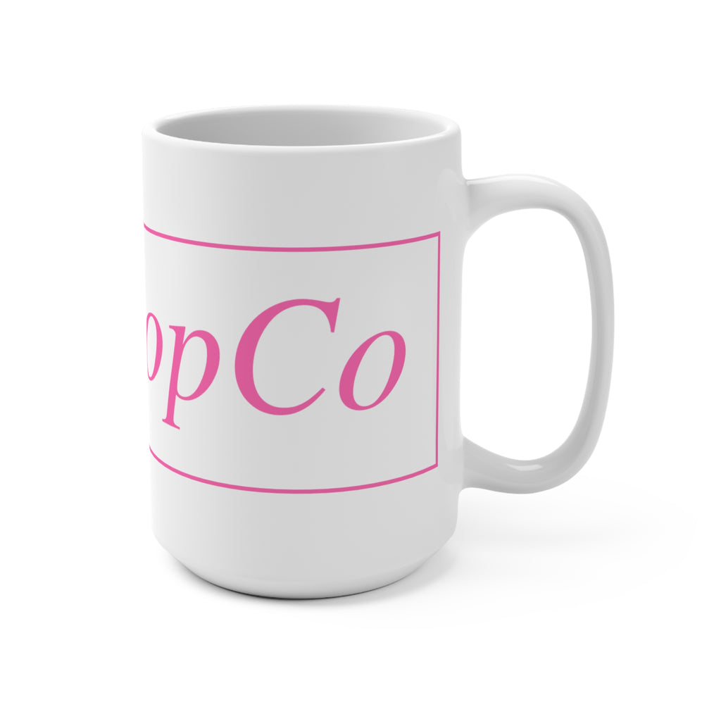 No ShopCo Logo 15oz white ceramic coffee mug with pink framed logo – view 2