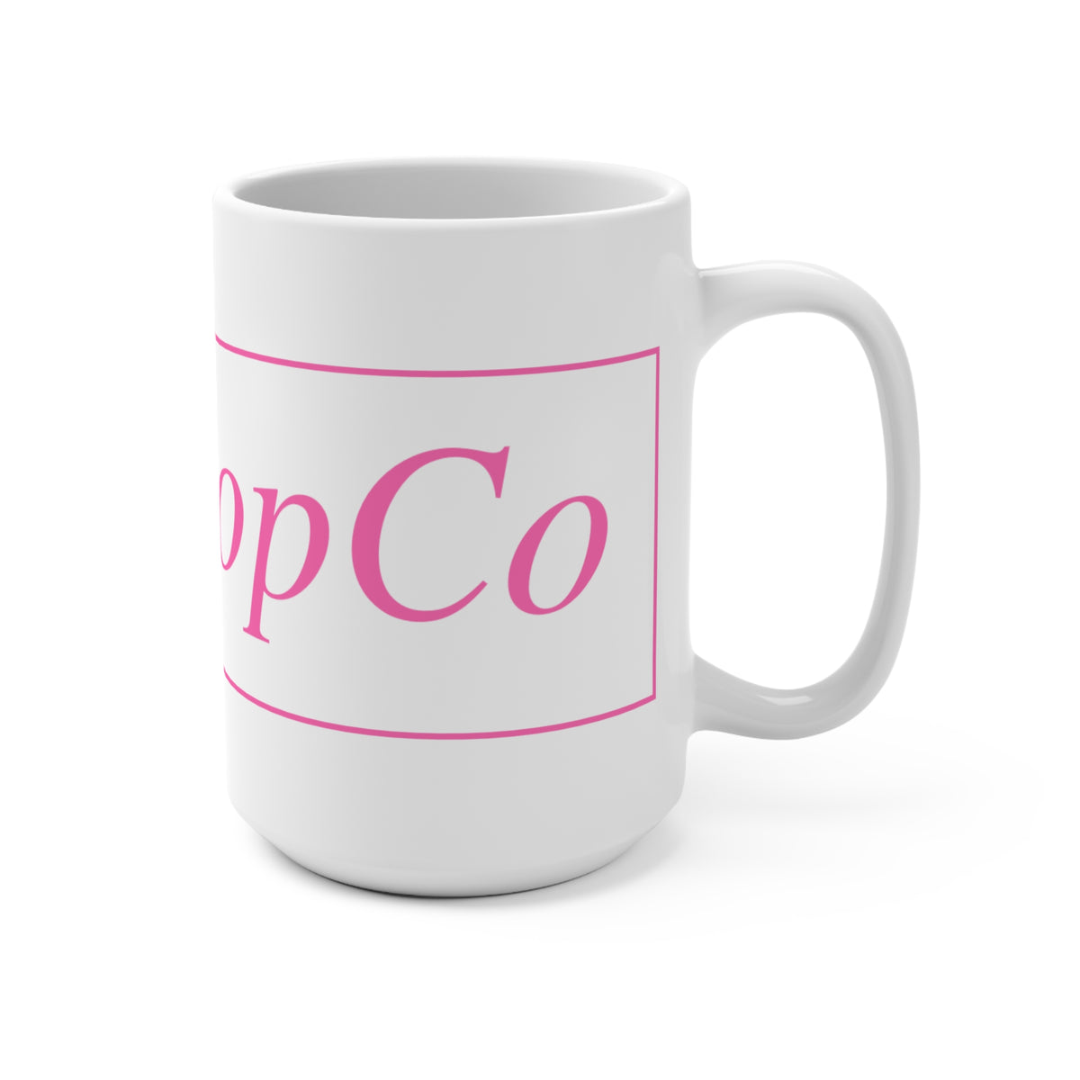 No ShopCo Logo 15oz white ceramic coffee mug with pink framed logo – view 2