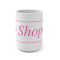 No ShopCo Logo 15oz white ceramic coffee mug with pink framed logo