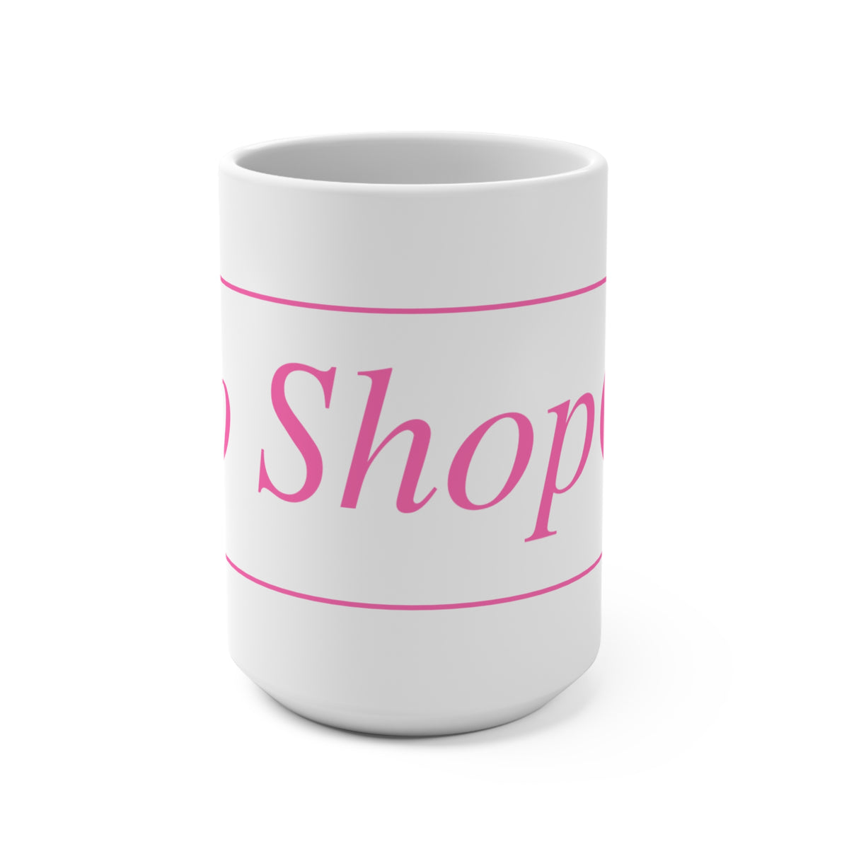 No ShopCo Logo 15oz white ceramic coffee mug with pink framed logo