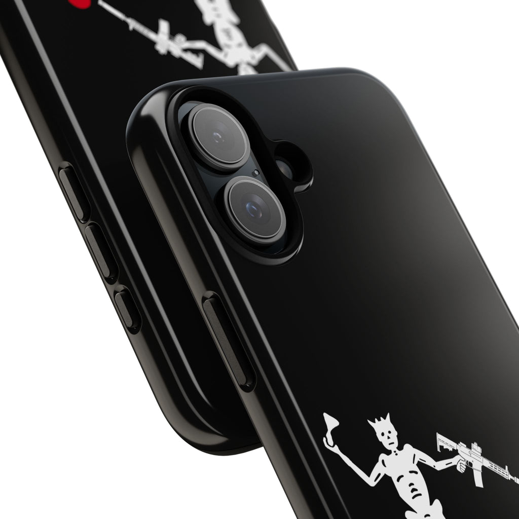 No ShopCo NFA Pirate Hourglass Edition tough phone case: glossy black case with a white skeleton raising an hourglass and holding an AR-15 SBR aimed at a red heart, close-up of the raised camera cutout on a dual-camera iPhone