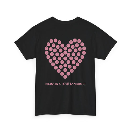 No ShopCo Brass Is A Love Language T-shirt with pink heart back artwork and pink chest logo